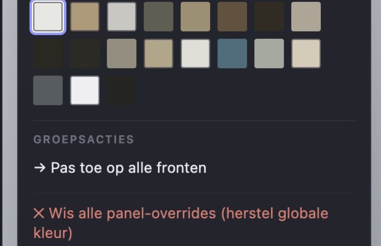 Material picker with the decor palette and group actions per front
