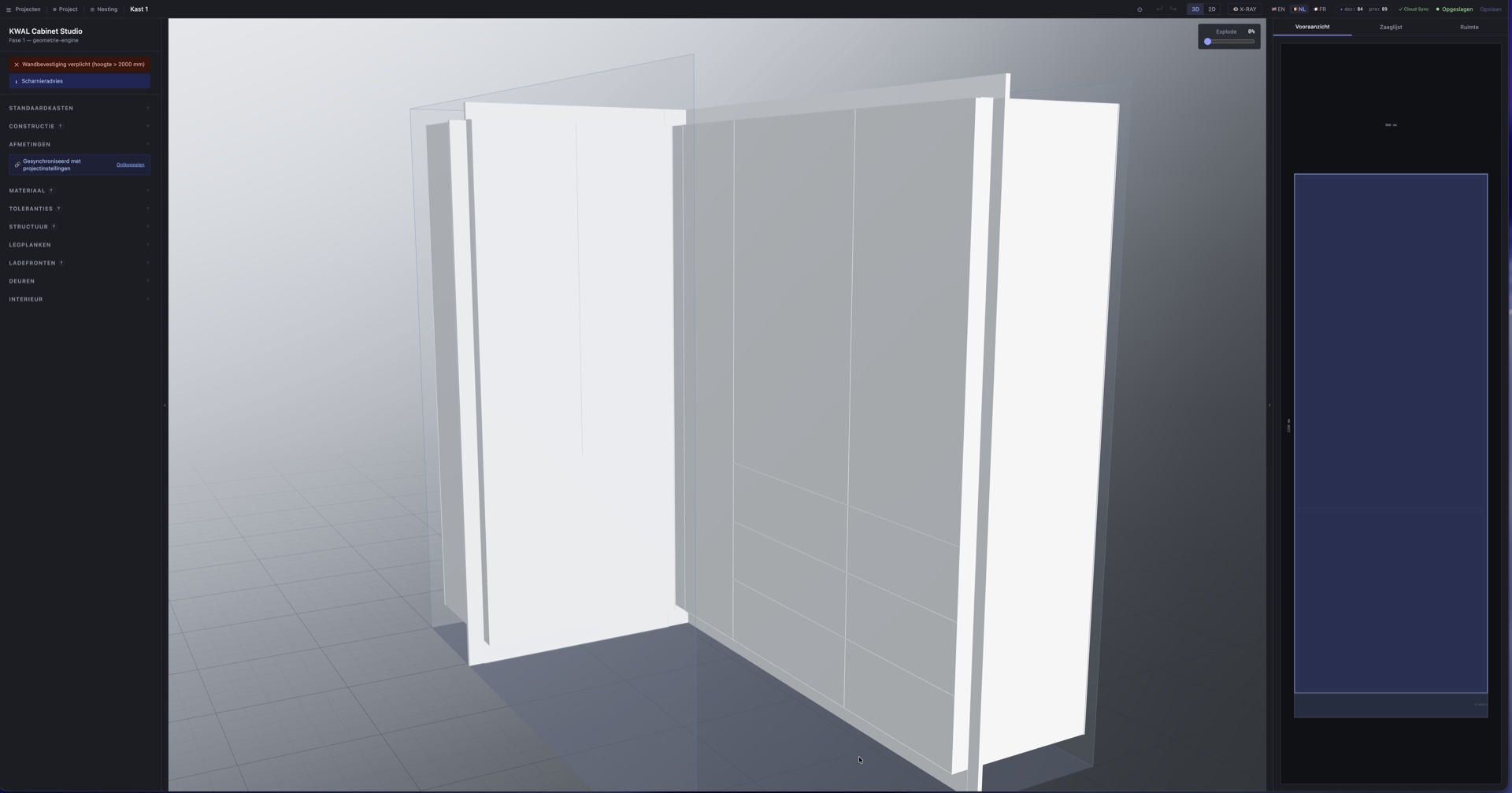 Realtime 3D-editor met parametrische bediening voor constructie, afmetingen, legplanken, deuren en lades