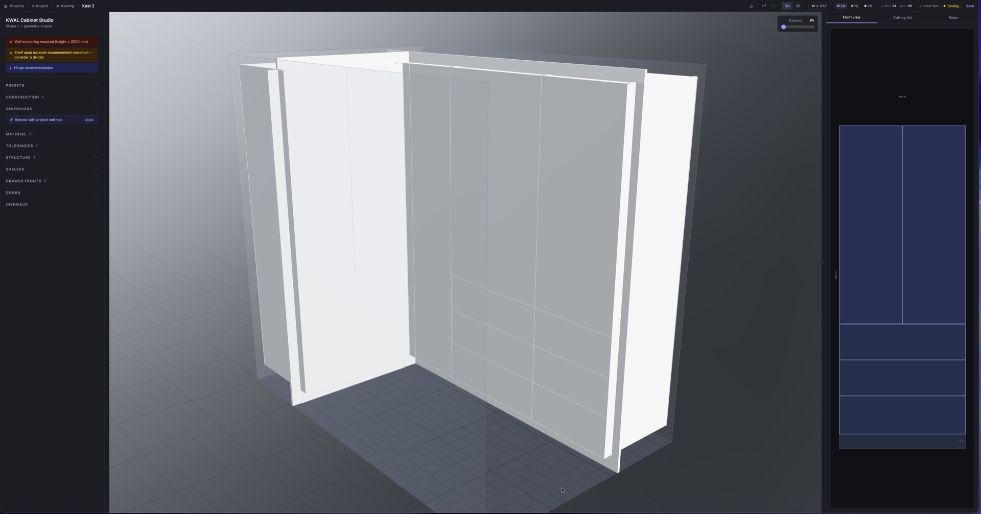 KWAL Cabinet Studio — real-time 3D editor showing a parametric wardrobe with front-view panel