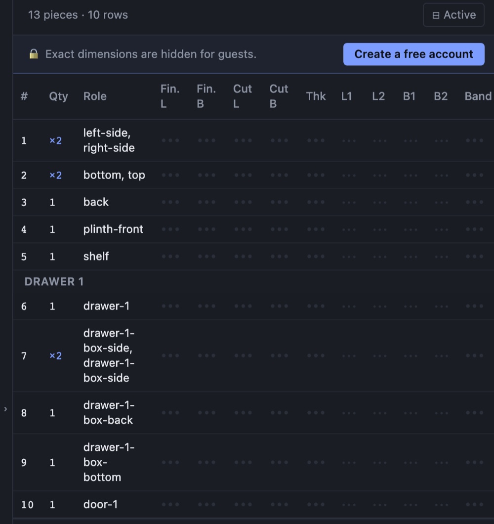 The cut list in guest mode: parts and quantities visible, exact dimensions masked