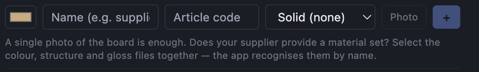 The add row in My decors: colour, name, article code, structure and a Photo button