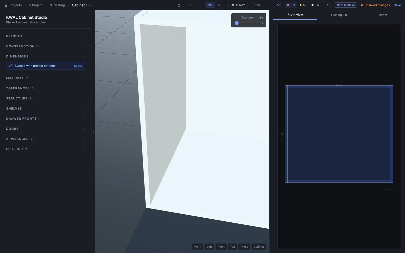 KWAL Cabinet Studio in the browser: sections on the left, 3D view in the middle, drawings and lists on the right