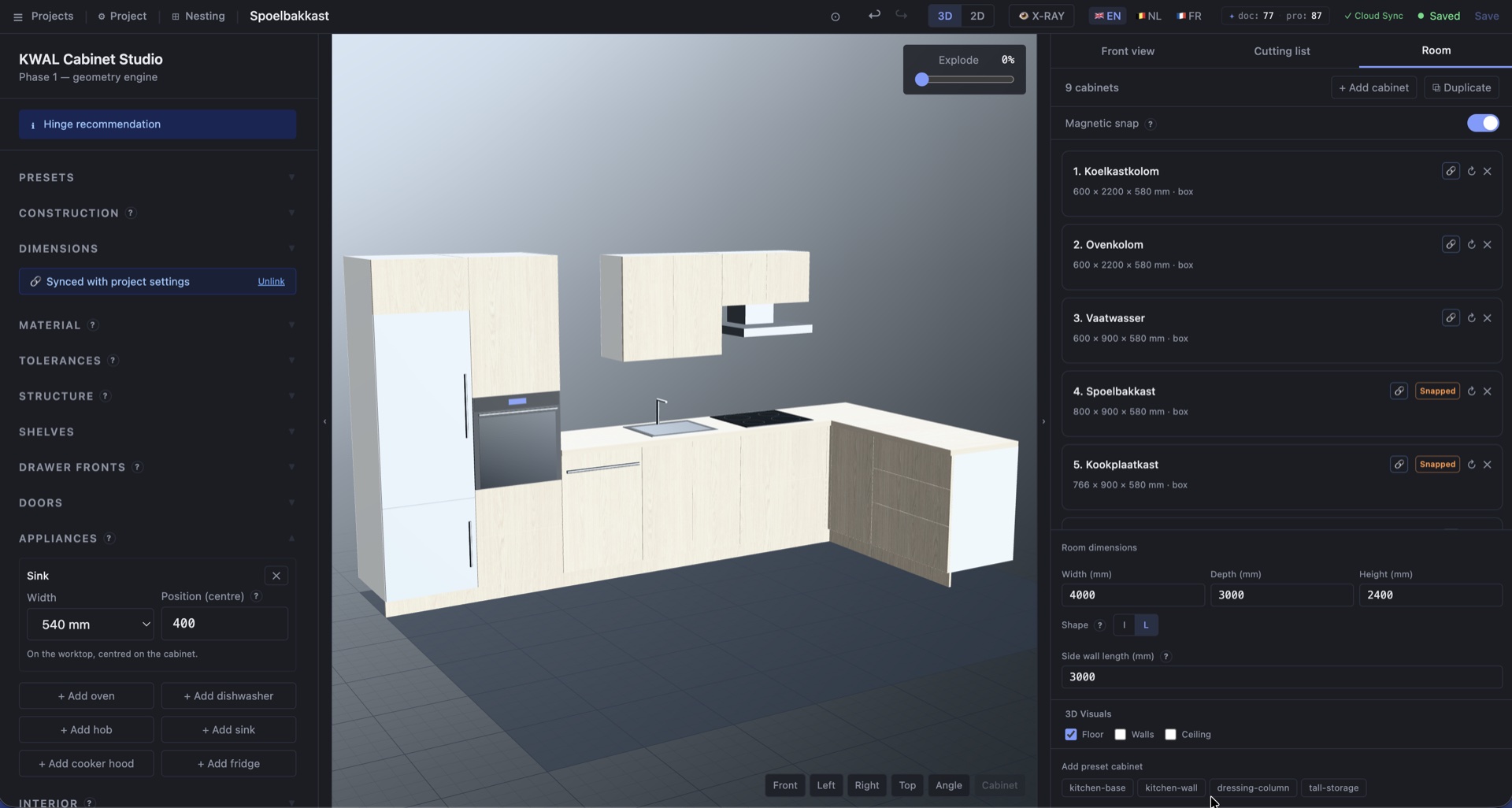 KWAL Cabinet Studio — L-shaped kitchen in the editor with the appliances panel open: sink configuration, cabinet list and room dimensions