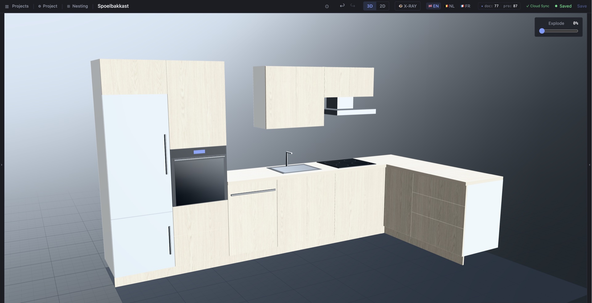 KWAL Cabinet Studio — real-time 3D view of an L-shaped kitchen with fridge column, built-in oven, dishwasher, sink, hob, cooker hood and a continuous worktop