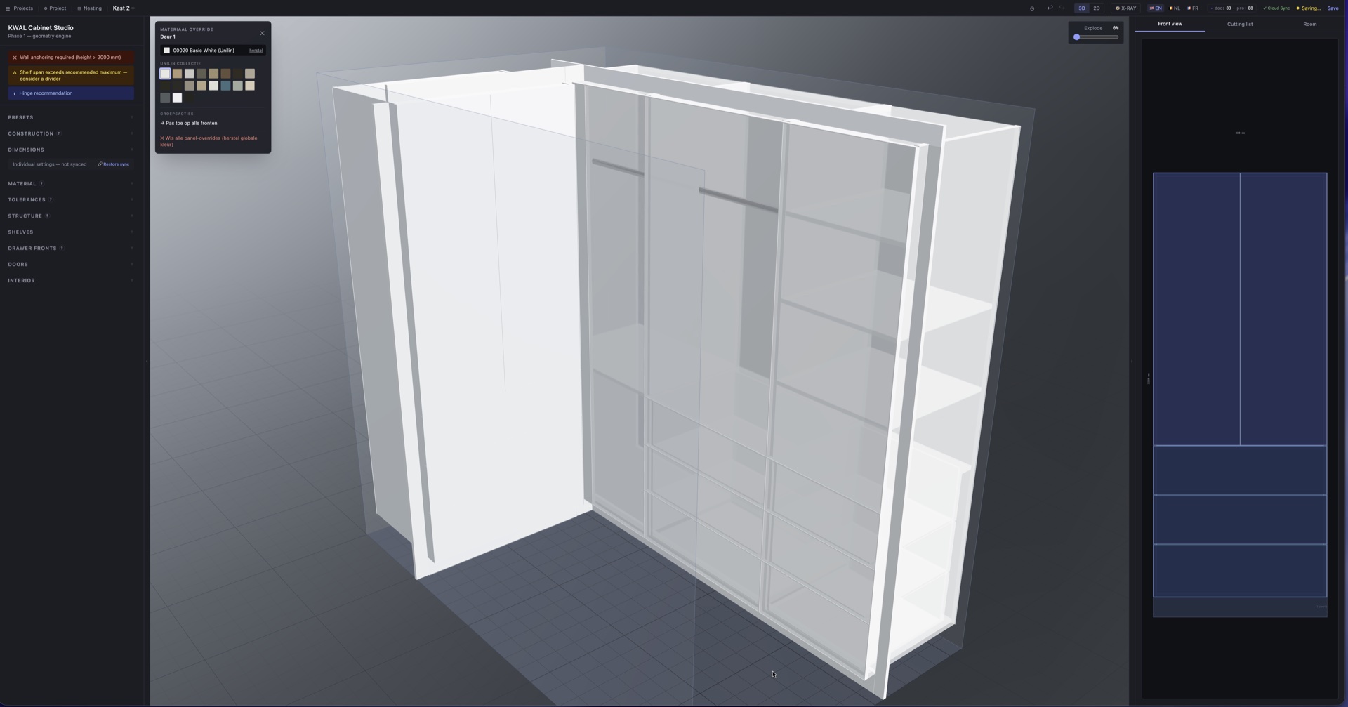 Parametric 3D editor with the Unilin material picker open on a cabinet door