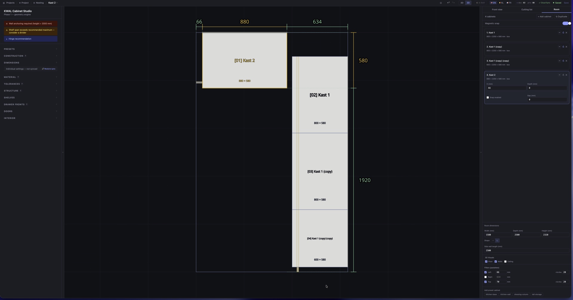 2D-plattegrond met vier kasten in een L-vormige kamer, live maatvoering en magnetische snapping